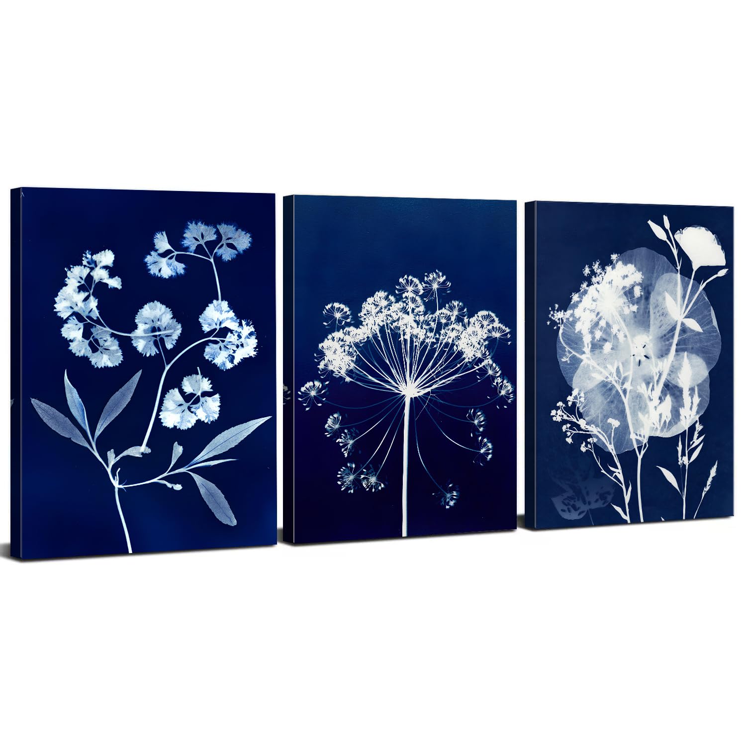 White Flower Wall Art Minimalist Floral Wall Decor Abstract Navy Blue Botanical Canvas Pictures Farmhouse Wildflower Paintings Nature Artwork for Living Room Bedroom Bathroom Decorations 30x40cm 3Pcs