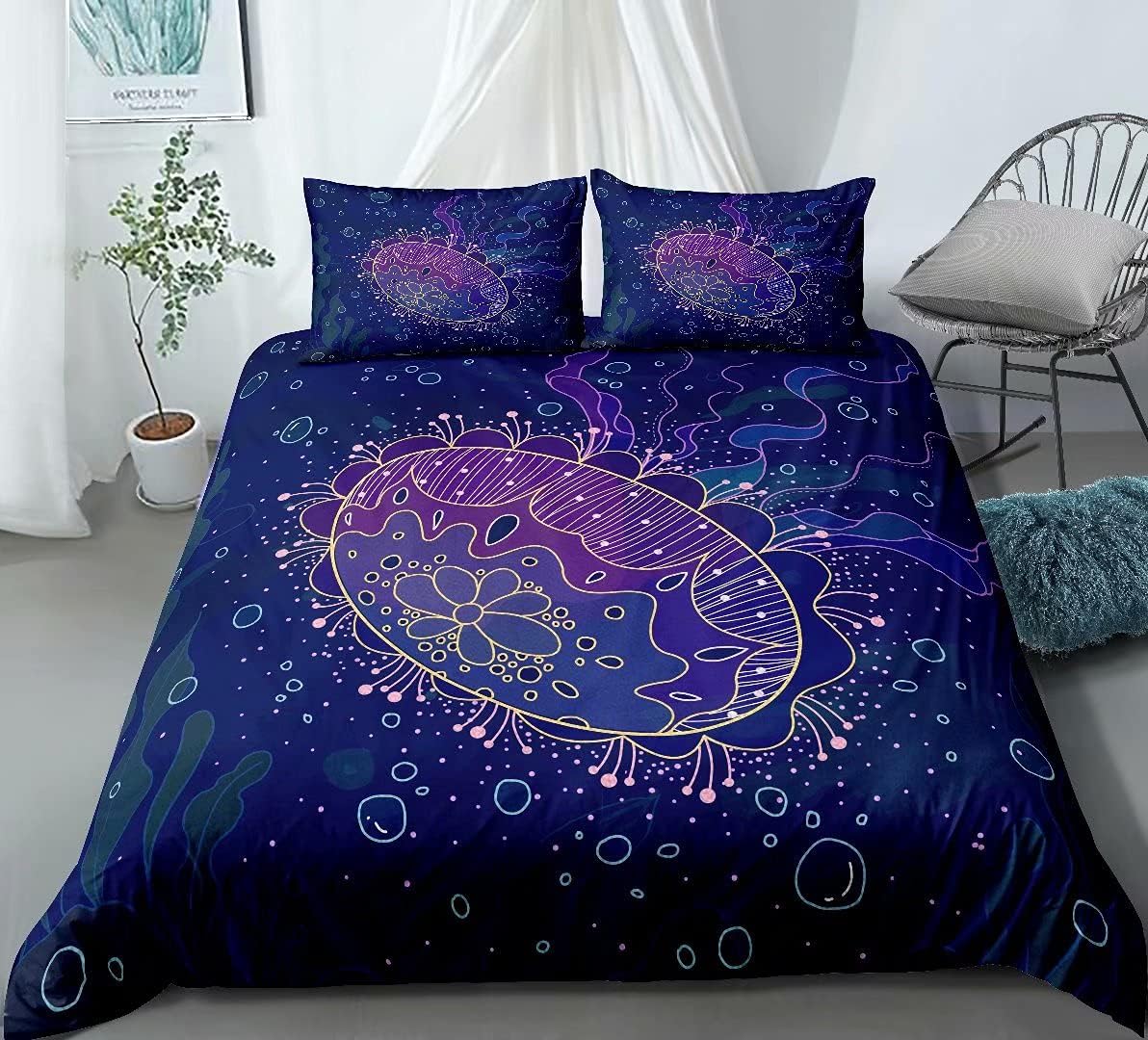 Jellyfish Bedding Set for Kids Teens ,Blue Ocean Jellyfish