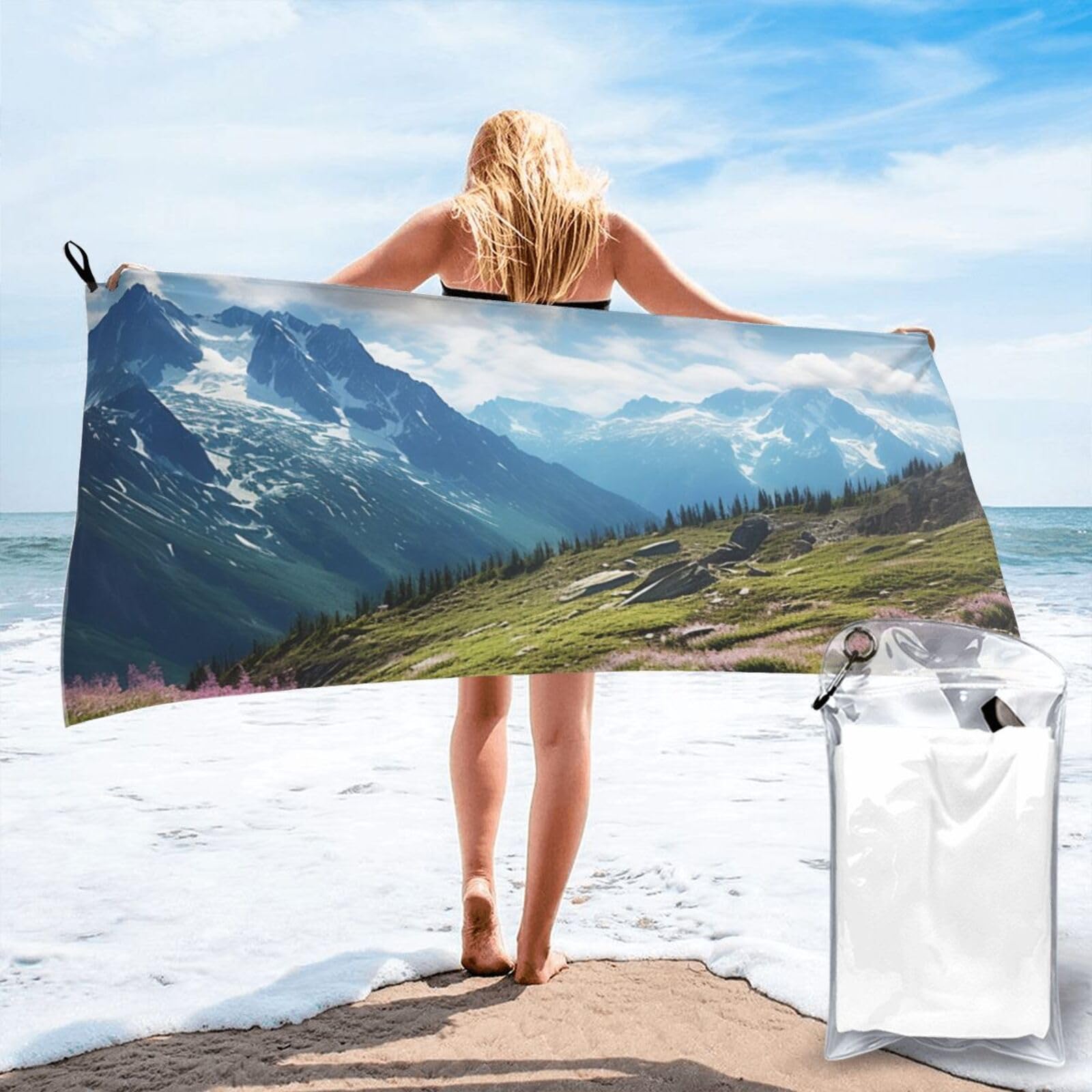 DWVTSLH Microfiber Sand Free Beach Towel 31.5"x63", Quick Dry Absorbent Travel Towel Large Camping Blanket, Mountains Bath Towels Lightweight Pool Swim Towels for Vacation Essentials