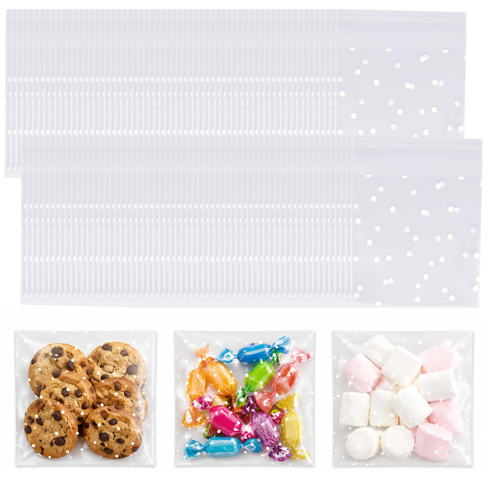 Geukmun 200Pcs Cellophane Bags Sweet Cookie Bags 10x13cm Self Seal Clear Small Biscuit Bags for Party Favors, Candy and Chocolate Packaging (White Polka Dot)