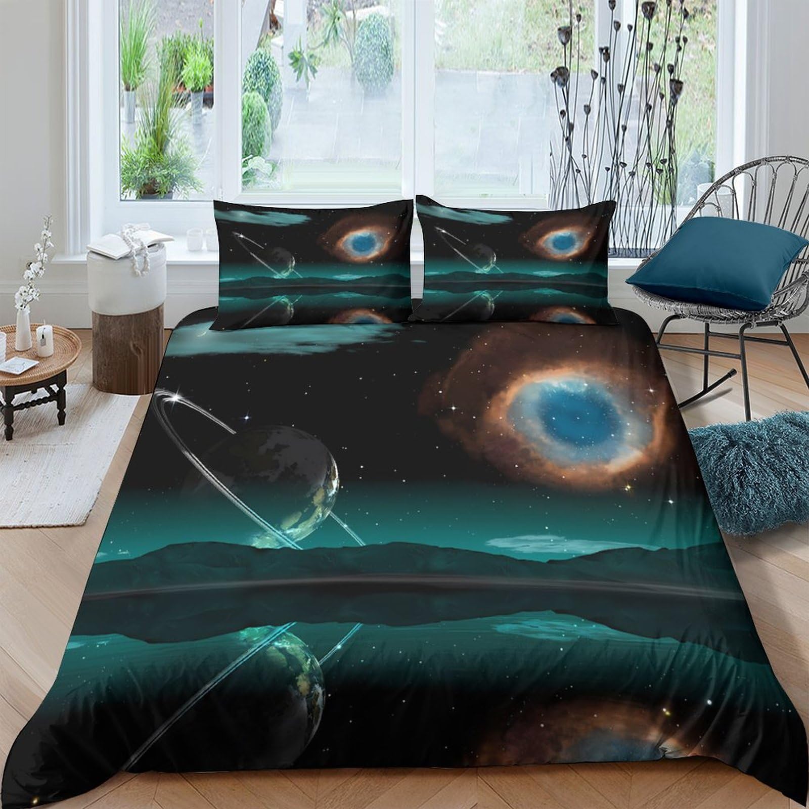 Ctjqhvkz Style-2 3D Printed Space Galaxy Fitted Sheet Microfiber Soft Black Blue Nebula Mattress Cover For Bedroom Dorm Decor Single（135X200cm）