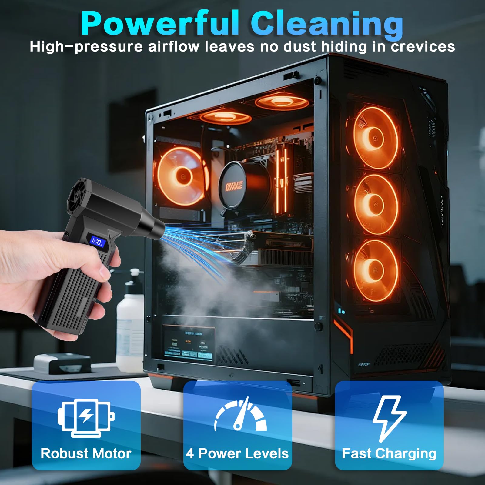 Elektrisches Air Duster- Viafexna 120000RPM Ultra-Starkes Staubgebläse Ohne Kabel, Druckluft, 4-Gang-Mini Gebläse mit Akku, für PC Reinigungsset, Tastatur, Haus, Outdoor und Auto