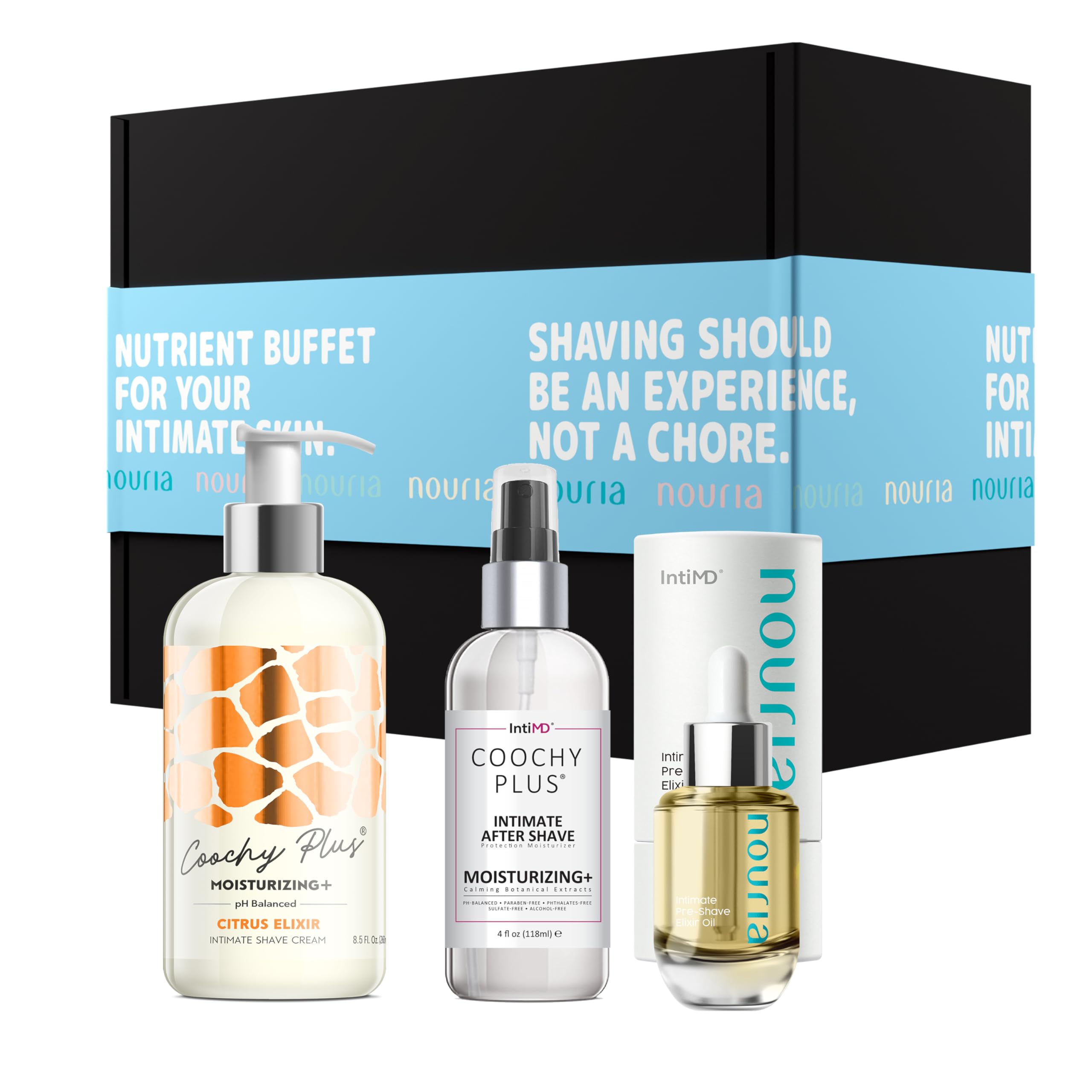 IntiMD Coochy Plus HydroLock Moisturizing+ 3-Steps Kit Intimate Shave Gift Set: Nouria Pre-Shave Elixir Oil + Coochy Plus Shave Cream Citrus Elixir + Coochy Plus After Shave Protection Mist