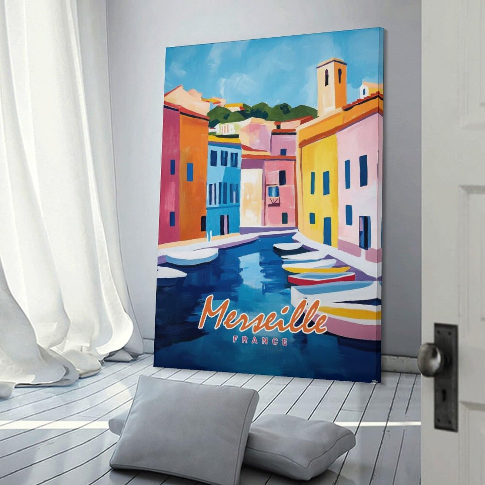 Junmoney Room Decor Wall Art Marseille Canal Painting, 16x24inch(40x60cm), for Living Room, Lounge Or Sitting Room, Canvas Styling for A Polished Room Look