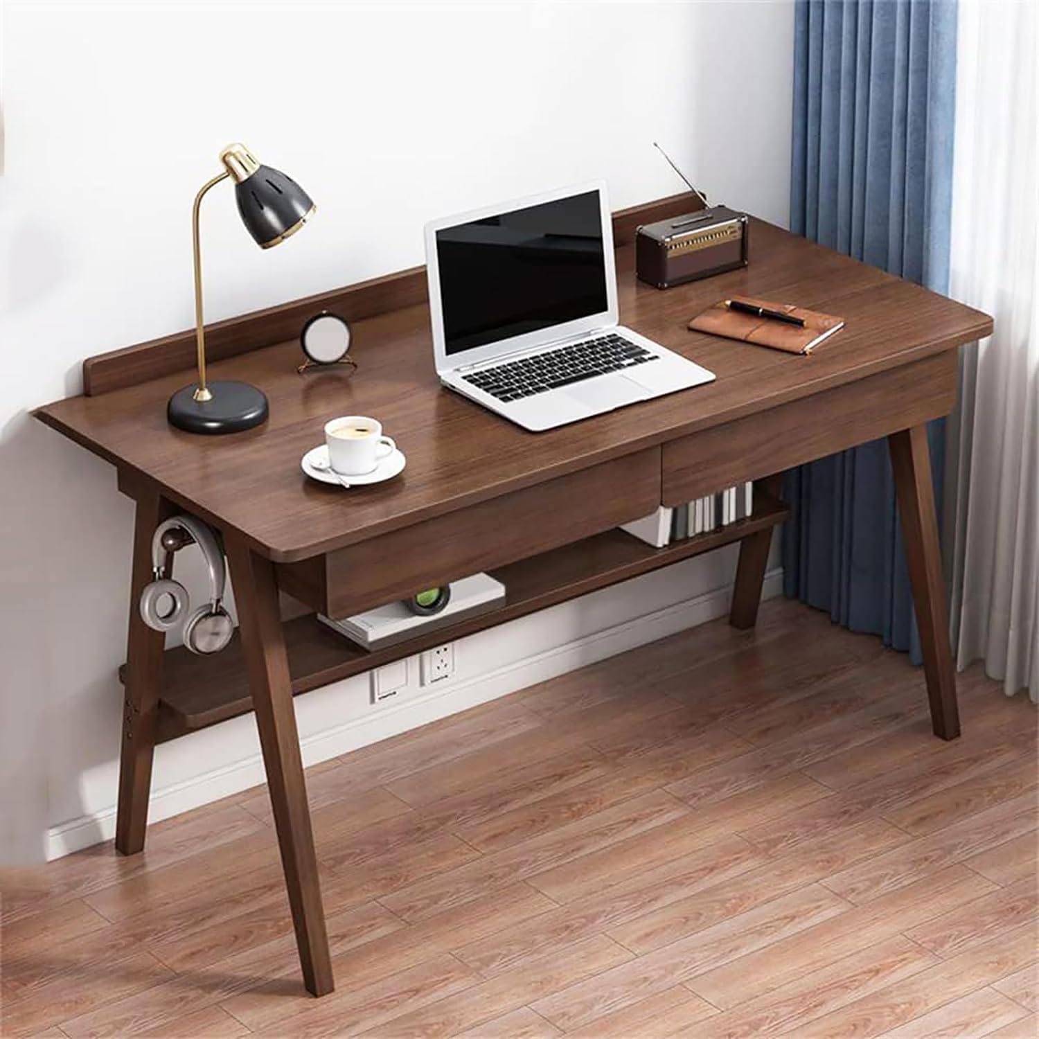 WDSOPK Natural Wood Home Office Desk with Drawers & Shelves, Modern Writing Workstation for Study or Computer Use（Brown-120cm）