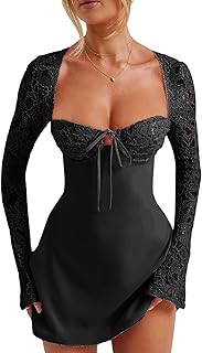 Women Low Cut Mini Dress Solid Color Lace Floral Long Sleeve Backless Lace Up Short Dress Bodycon Mini Dress