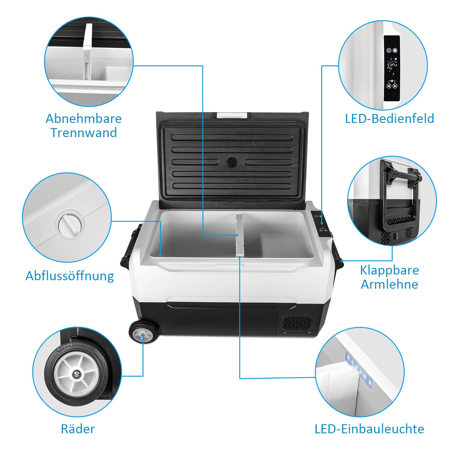 Fullwatt Kompressor Kühlbox 35L mit Rollen, Kühlung bis -20° C, Kühlschrank Elektrisch 12V 24V 220V-240V Anti-Schütteln,Gefrierbox für Camping Auto,LKW, Boot, Reisemobil, Steckdose,Tragbar