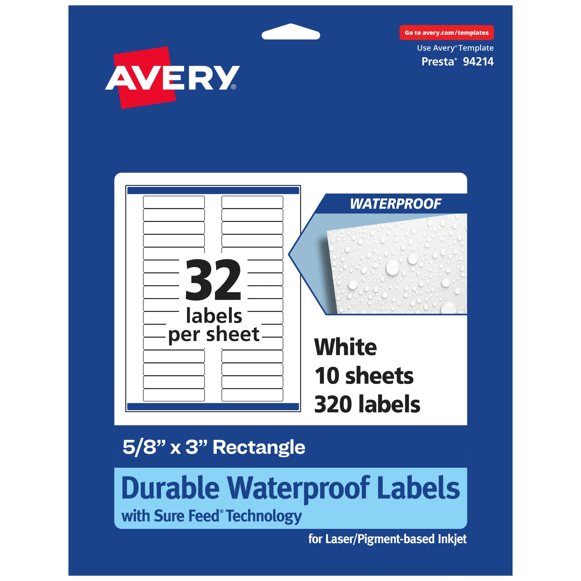 Avery Durable Waterproof Rectangle Labels, Sure Feed Technology, 5/8" x 3", 320 Total, Oil and Tear-Resistant Waterproof Labels, Laser/Pigment-Based