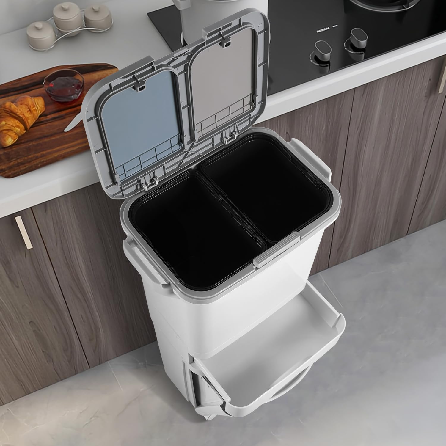 Pattumiera Cucina 42L,2 Scomparti,Raccolta Differenziata con Pedale | Pattumiera con coperchio e apertura a pulsante,raccolta differenziata con pedale,secchi rimovibili e ruote