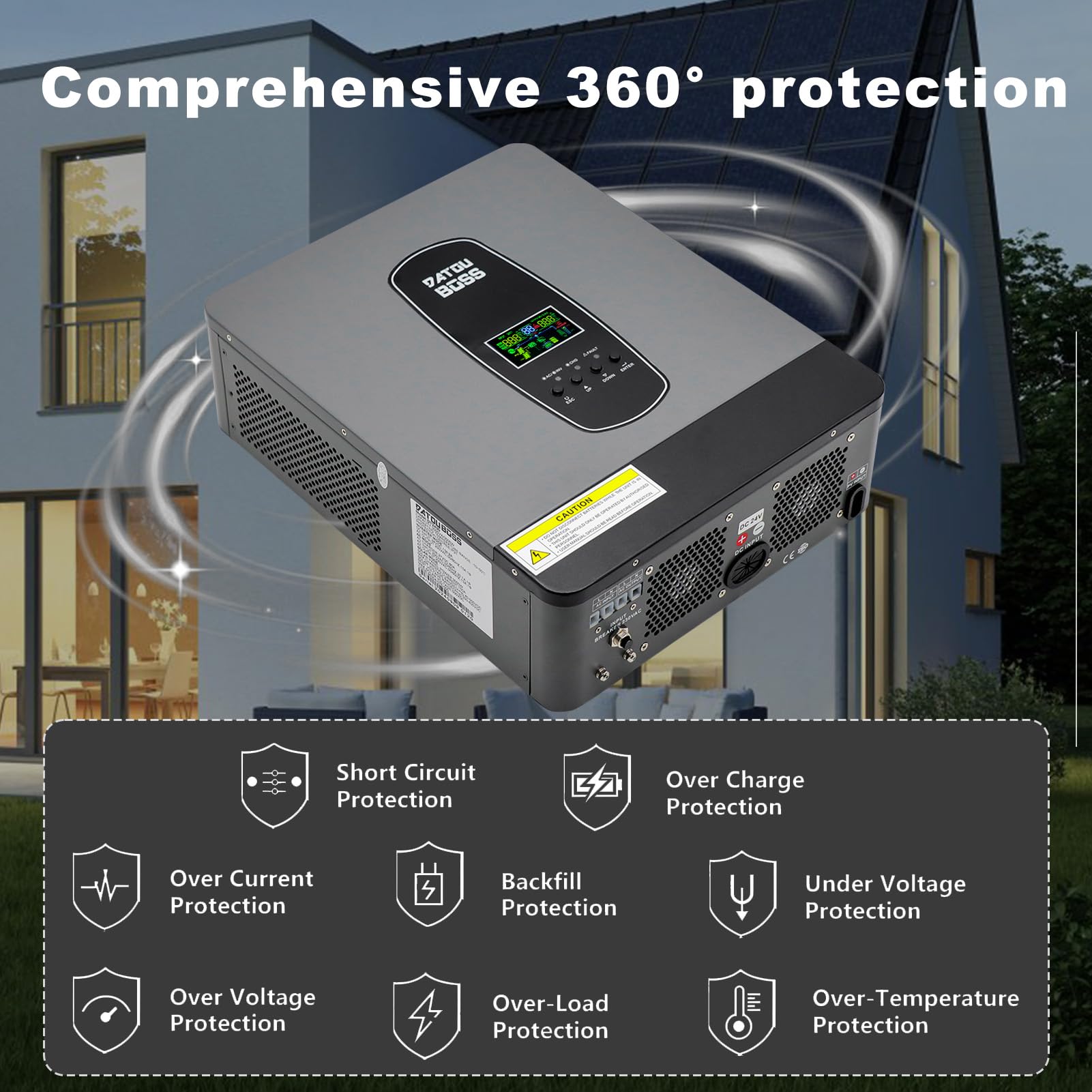 DATOUBOSS Hybrid Wechselrichter 24V 3000W, Hybrid Solar Wechselrichter 24V Reiner Sinus, 24V DC auf 220V/230V AC mit 100A MPPT Solarladeregler Und Batterie-BMS-Schutzsystem (24V 3000W)