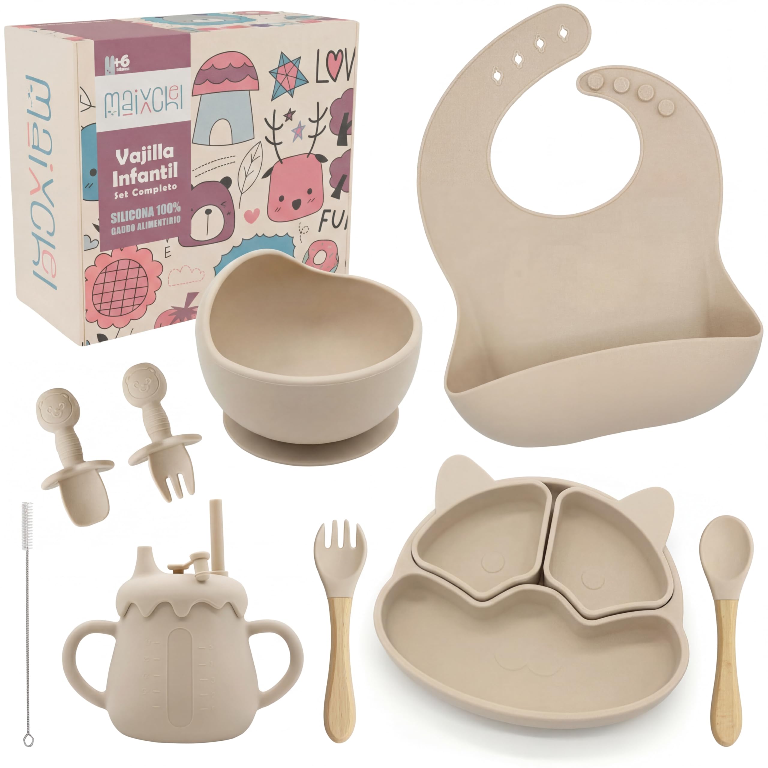 Coffrets repas: Set repas bébé en silicone | Complet set vaisselle bébé comprend: avec assiette ventouse + bol bebe + tasse d'apprentissage + bavoir silicone +4 couverts bebe | Cadeau ideal, sans BPA