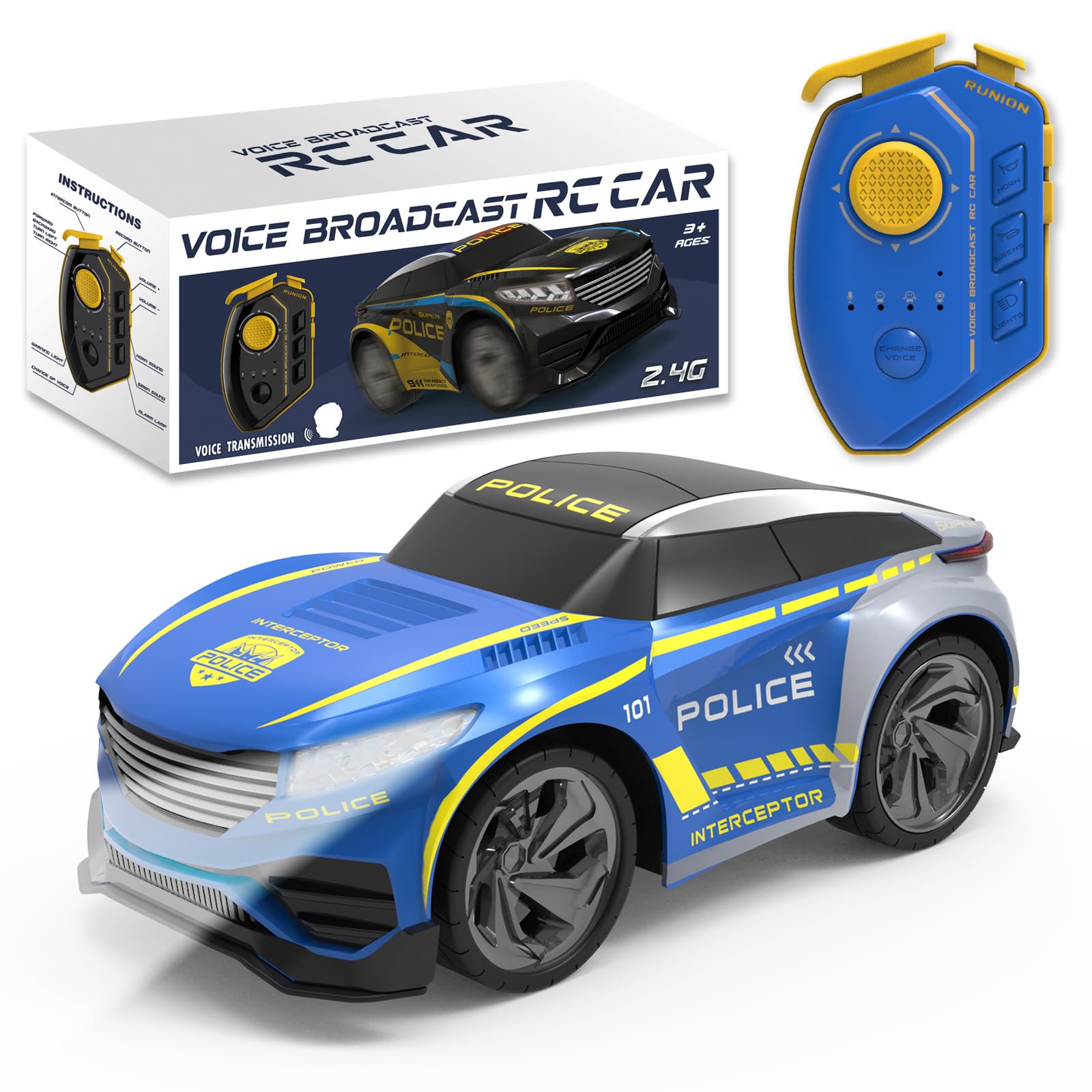 BORSTOYPRO Kids Remote Control Police Car with Multiple Voice Features, RC Police Car Toy for boys with Voice Changing,Flashing Lights,Siren Sounds RC Racer Cars Gift for Boys Girls ages 3 4 5 6 7 8