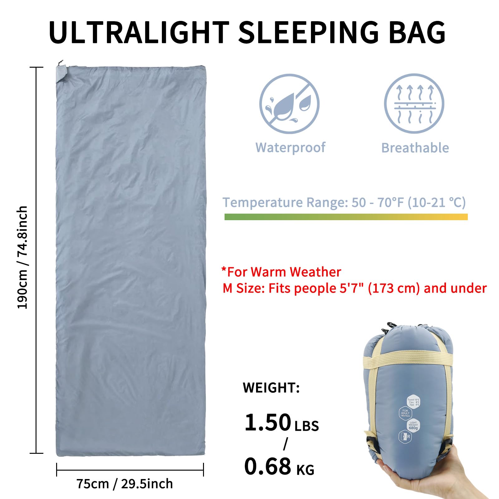 NewDoar Ultraleichter Rucksack-Schlafsack – 10–21 °C, 0,7 kg, wasserdicht und maschinenwaschbar, 2-Wege-Reißverschluss für Teenager, Paare, Frauen, Männer, kompakt zum Wandern/Camping (Größen M/L)