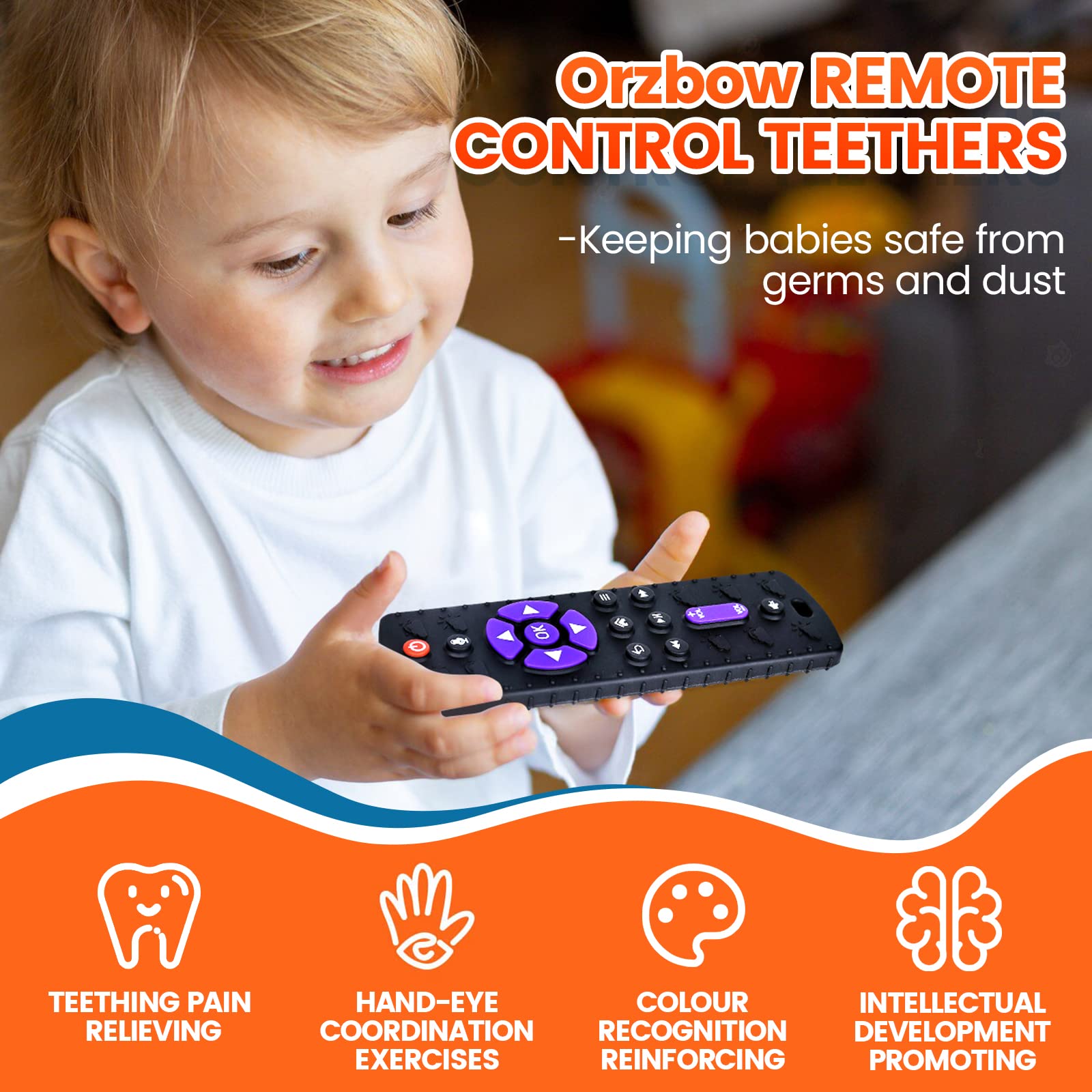 Orzbow Massaggia Gengive per Neonati,2 Pcs Telecomando Giochi Dentizione Neonato con Clip Ciuccio e Pulsanti Premibili,Massaggiagengive Silicone Senza BPA per 0-12 Mesi,Giocattoli da Masticare (NGC)