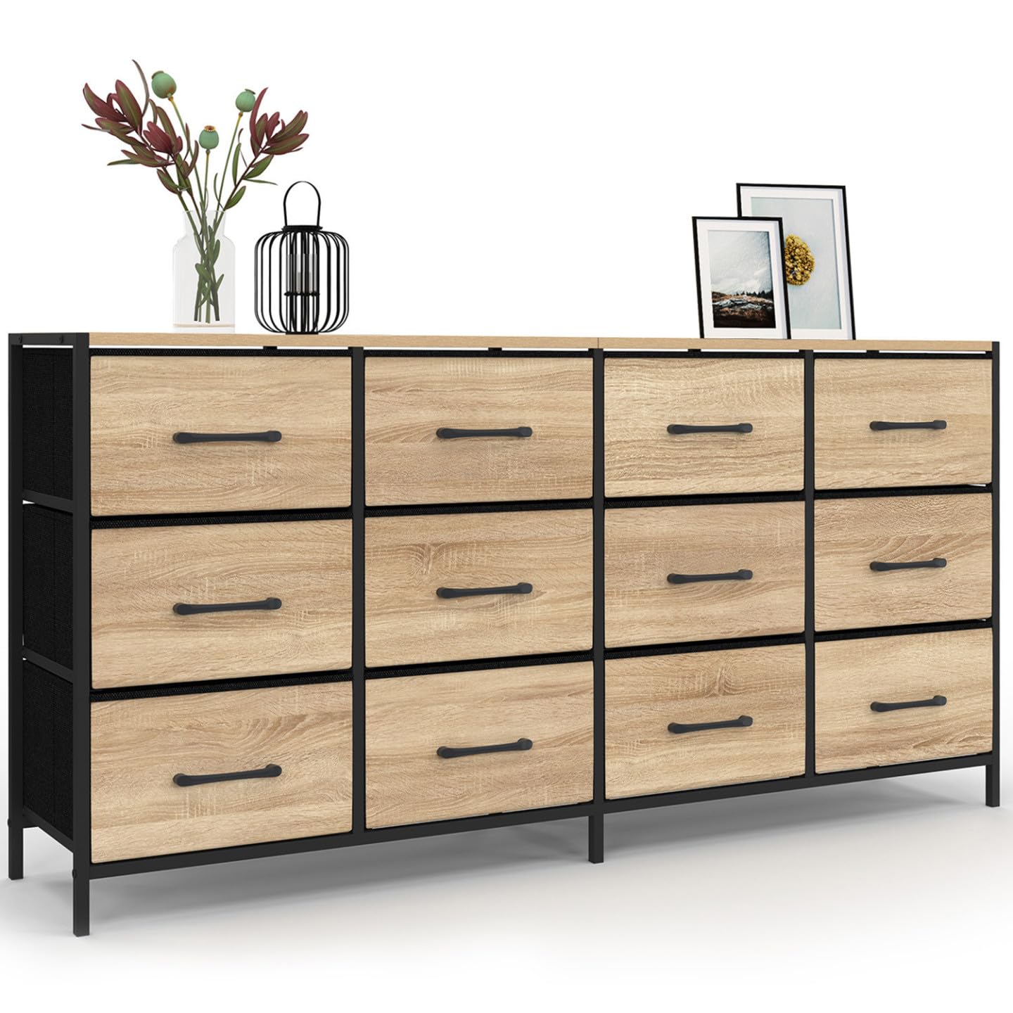 IDMarket - Cómoda de 12 cajones en tela Utah de 140 cm, mueble de almacenamiento de diseño industrial