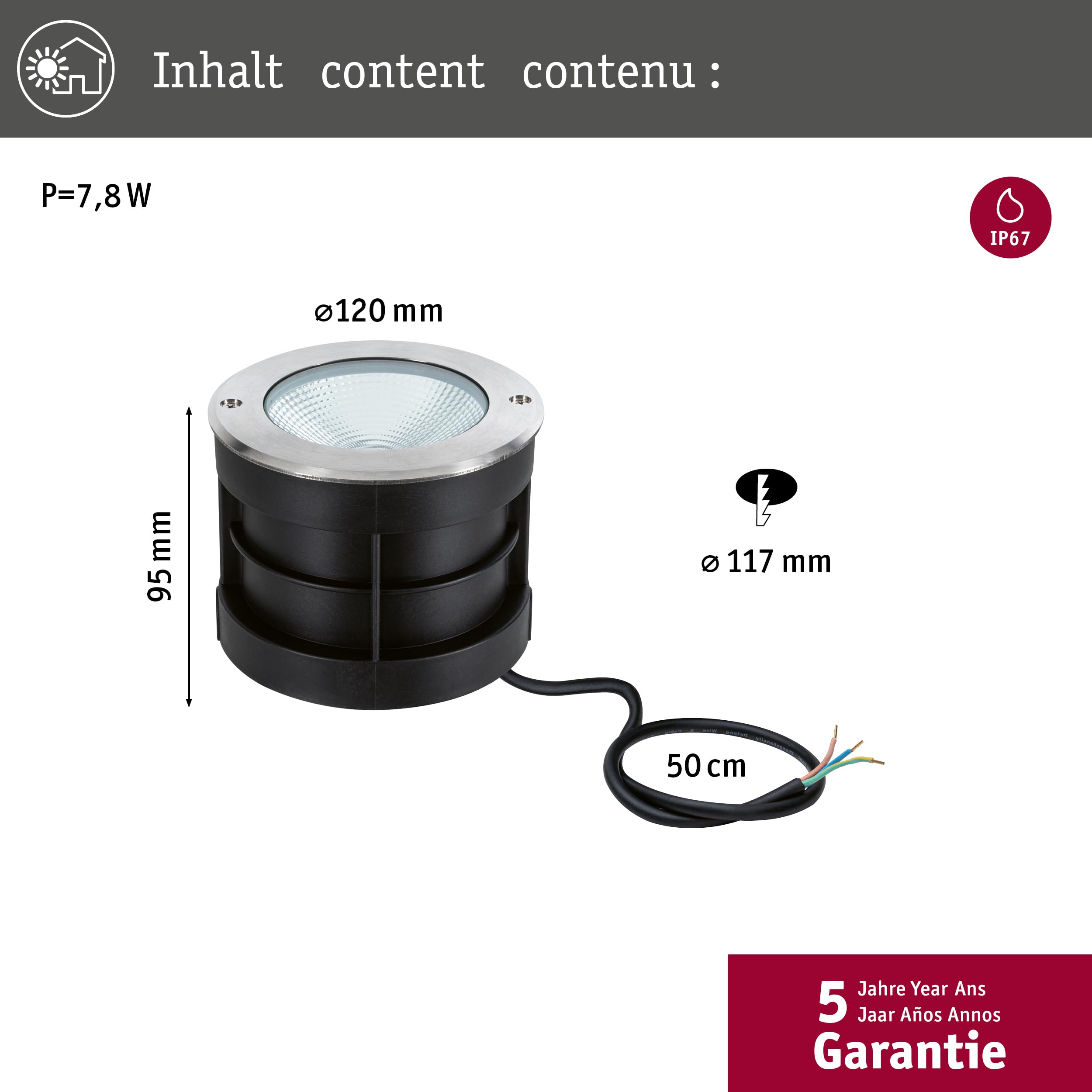 Paulmann 94387 LED oprawa zewnętrzna oprawa dogrunt. Floor IP67 w kompl. 1x6 W stal szlachetna lampa zewnętrzna stal szlachetna, aluminium 3000 K