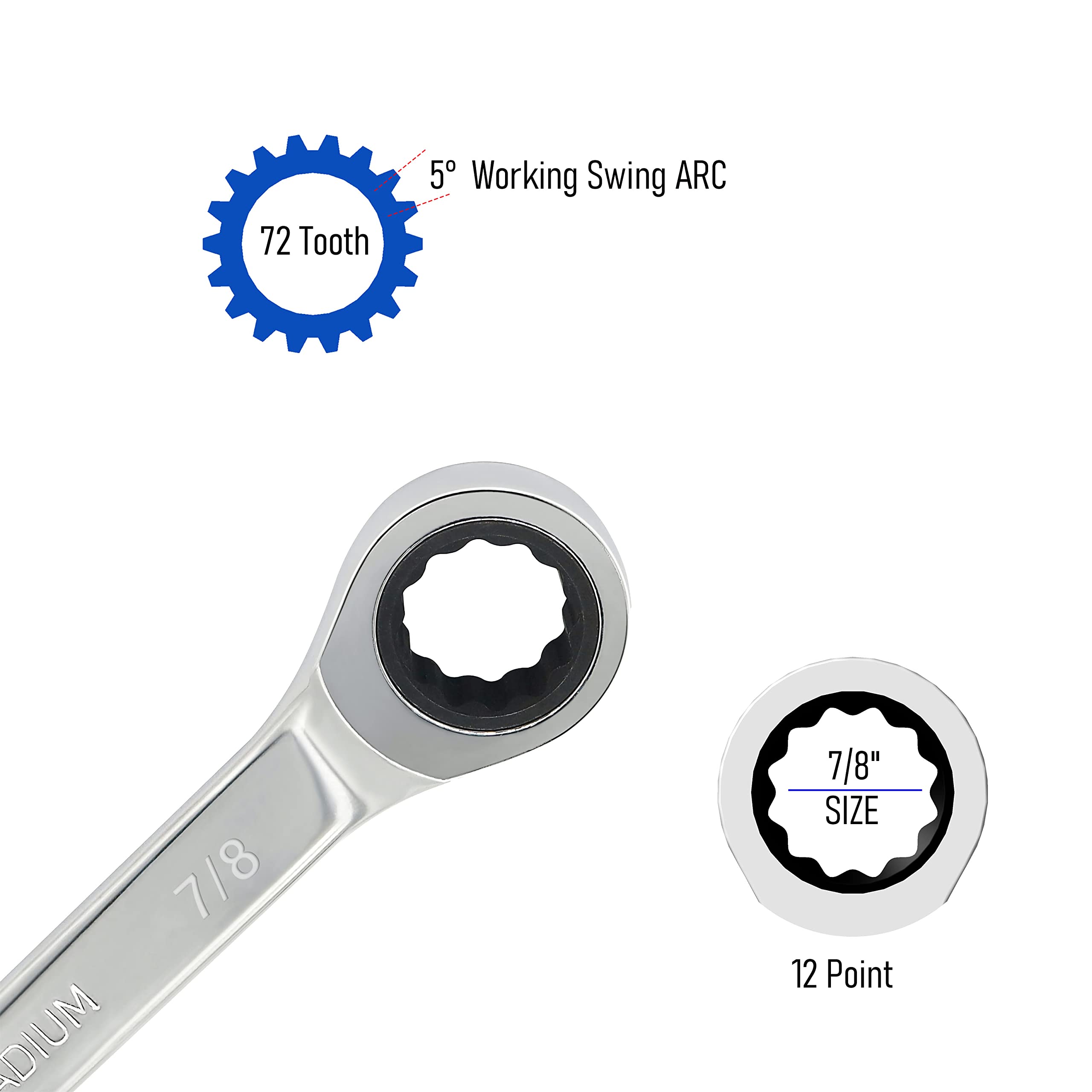 FOCMKEAS 7/8 Inch Ratcheting Combination Wrench SAE 72 Teeth 12 Point Ratchet Box Ended and Open End Spanner Tools for Tight Space Heat-Treated CR-V - Image 3