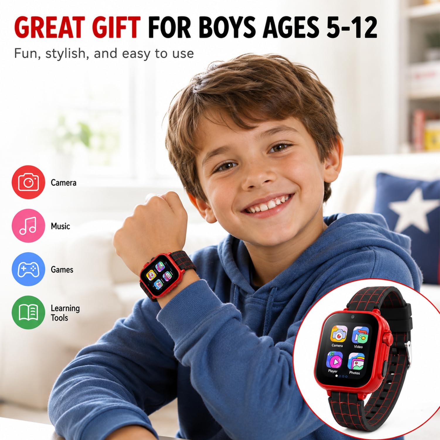 Orologio intelligente per bambini, motivo: ragnatela rossa, con fotocamera