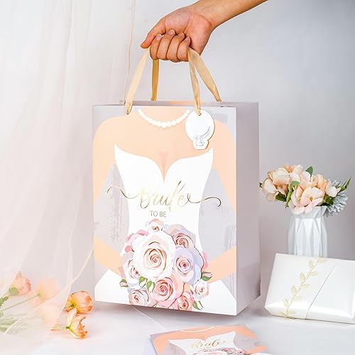 Miniatura 6 de LeZakaa Bolsa de regalo de despedida de novia de 13 pulgadas, bolsa de regalo plateada con papel de seda, etiqueta de regalo y tarjeta, diseño de