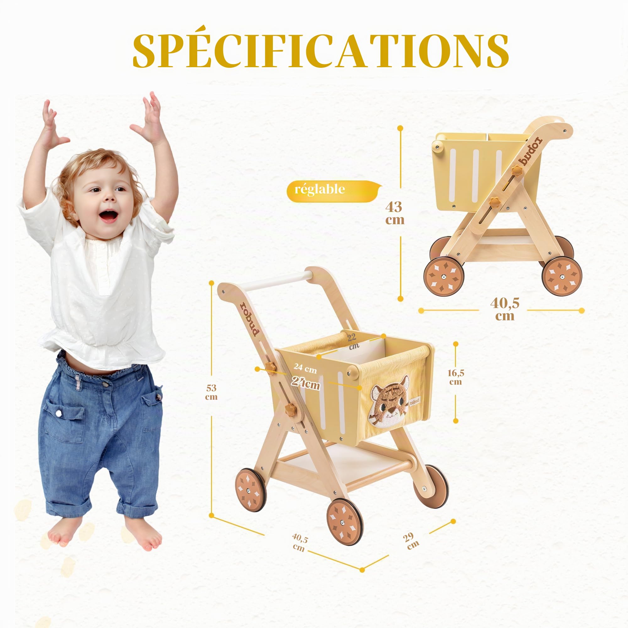 ROBUD Poussette en Bois pour bébés - Chariot de Courses pour Filles et garçons, Hauteur réglable pour Enfants et Tout-Petits, Jouets d'apprentissage pour Enfants de 10 Mois à 1 an