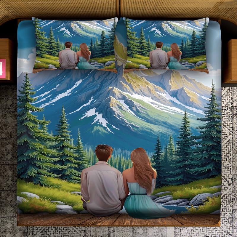 Image of DECOR WELL Premium 7D Digital Print Polycotton Double Bed Sheet with 2 Matching Pillow Covers - Soft, Wrinkle-Resistant & Vibrant Bedroom Decor - Mountain Couple