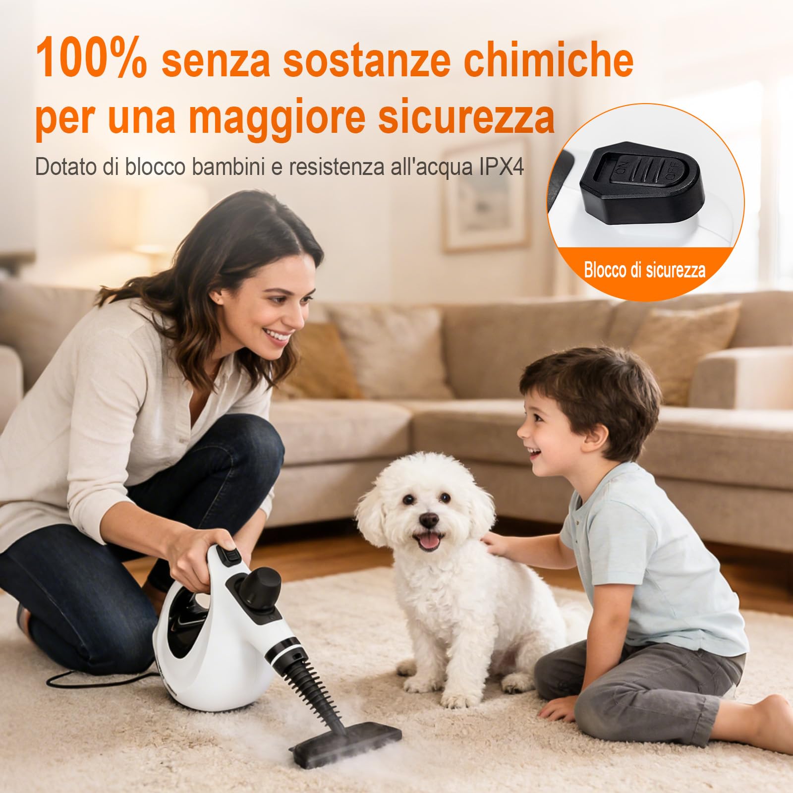 Ibergrif Pulitore a Vapore Portatile, Pistola a Vapore 1050W con 9 Accessori, 3 Bar Alta Pressione, Soluzione Naturale Senza Additivi, per Divani, Cucina, Fughe e Vetri, 350ml, Bianco