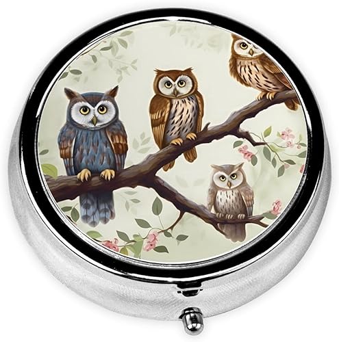 Pastillero redondo con estampado de búhos en una rama, 3 compartimentos, pastillero portátil para medicina diaria, suplemento vitamínico