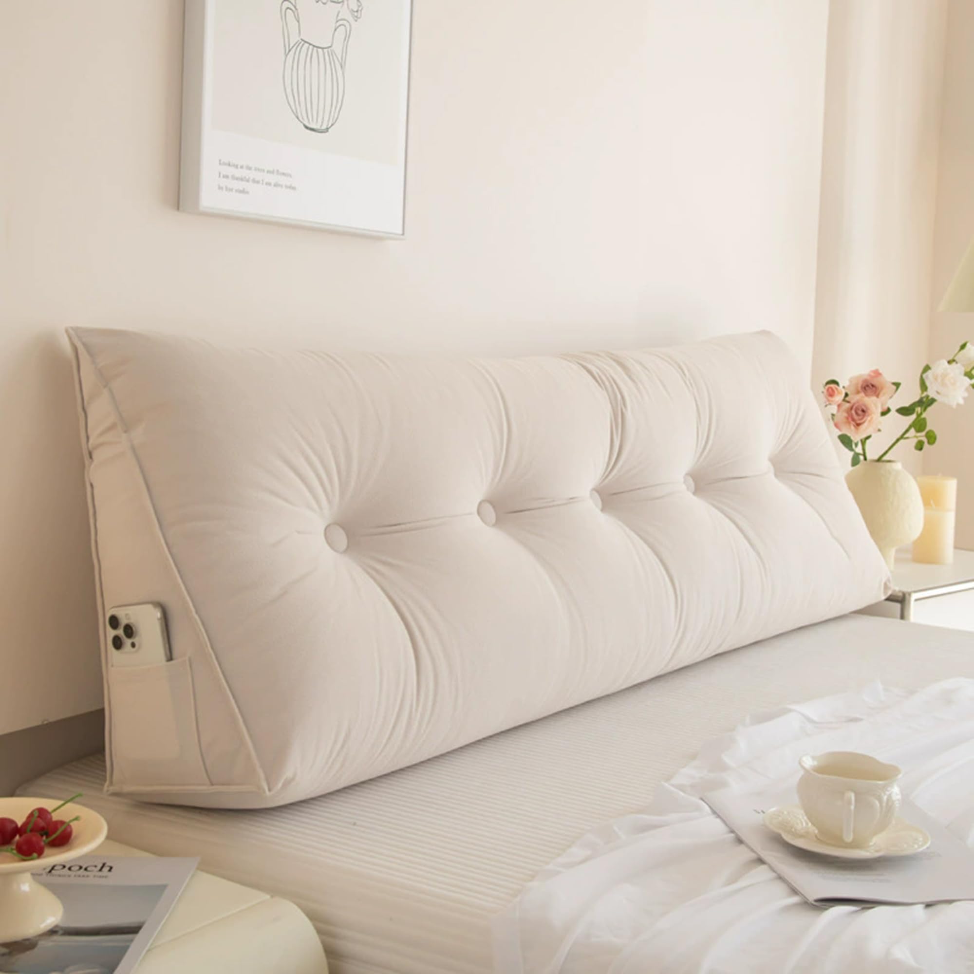 Hruile Large Reading Pillow, Headboard Wedge Cushion, Ergonomic Backrest Support Cushion for Bed & Sofa, Back Lumbar Positioning Support Pillow with Removable Cover (120x50x20cm,Beige)