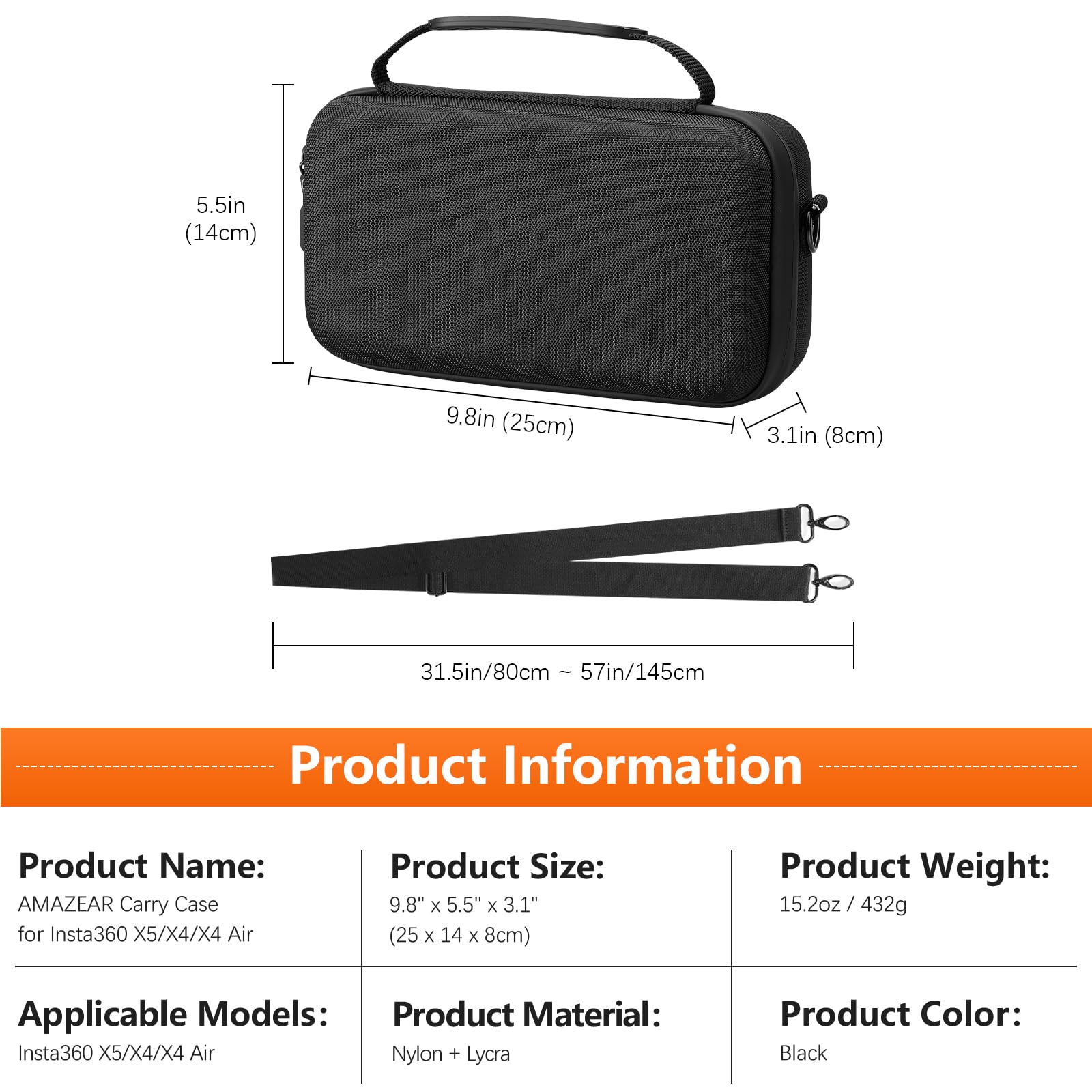 AMAZEAR Custodia da trasporto per accessori Insta360 X5 / X4 Air, Borsa impermeabile, Borsa a tracolla portatile per Insta360 X5 / X4 Air, Compatibile con asta selfie, Totalmente nero, Media