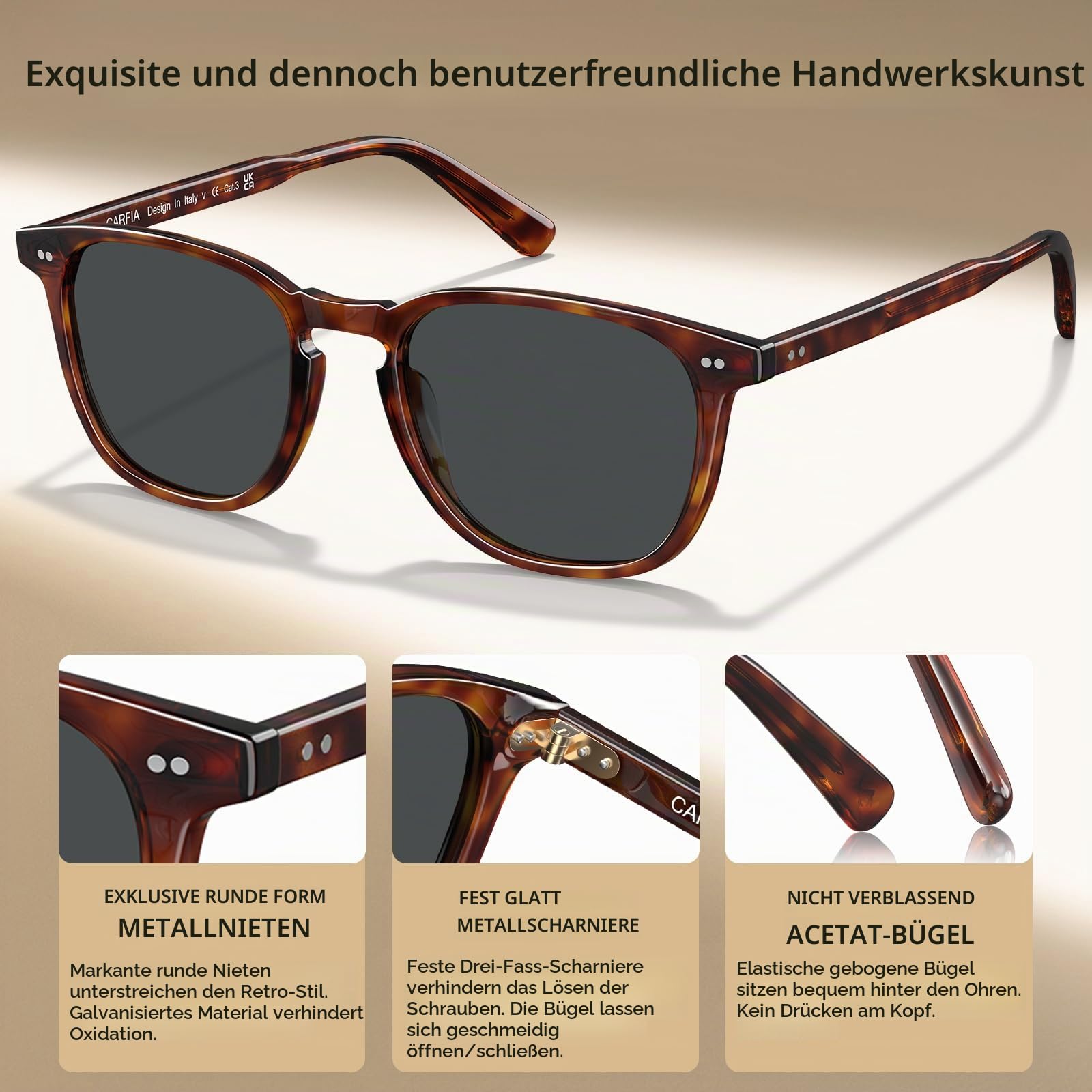 CARFIA Retro Acetat Polarisierte Sonnenbrille Herren UV400 Schutz Handgefertigter Rahmen Ergonomisches Design CA5285L
