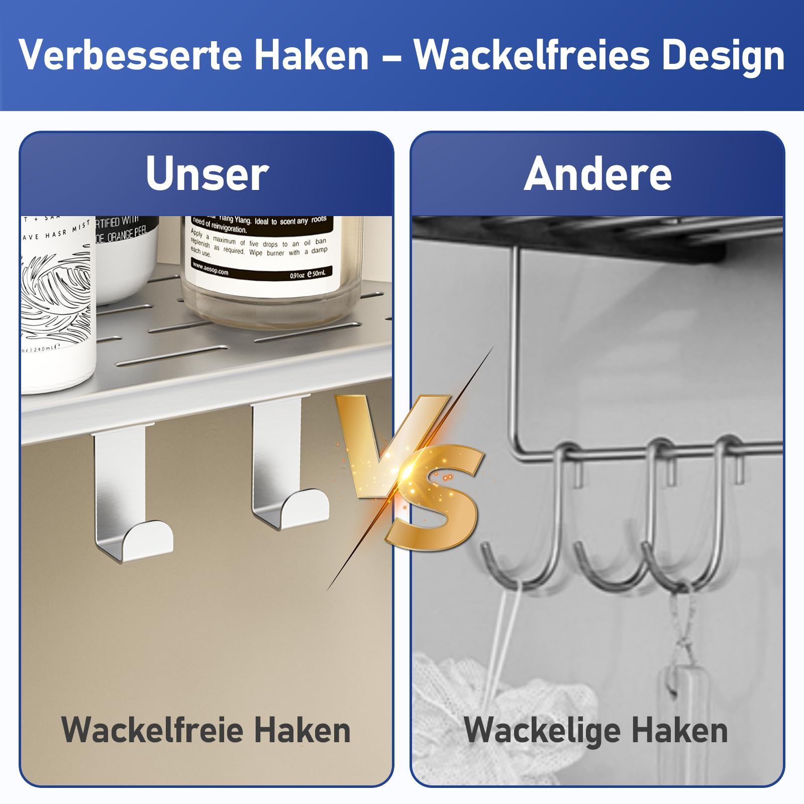 Eck-Duschregal aus 304 Edelstahl mit 4 verschiebbaren Haken | Upgrade 25,4 cm Eckregal Dusche, Duschablage Ecke für Badrenovierung & Umbau, passend für geflieste Wände, gebürstet