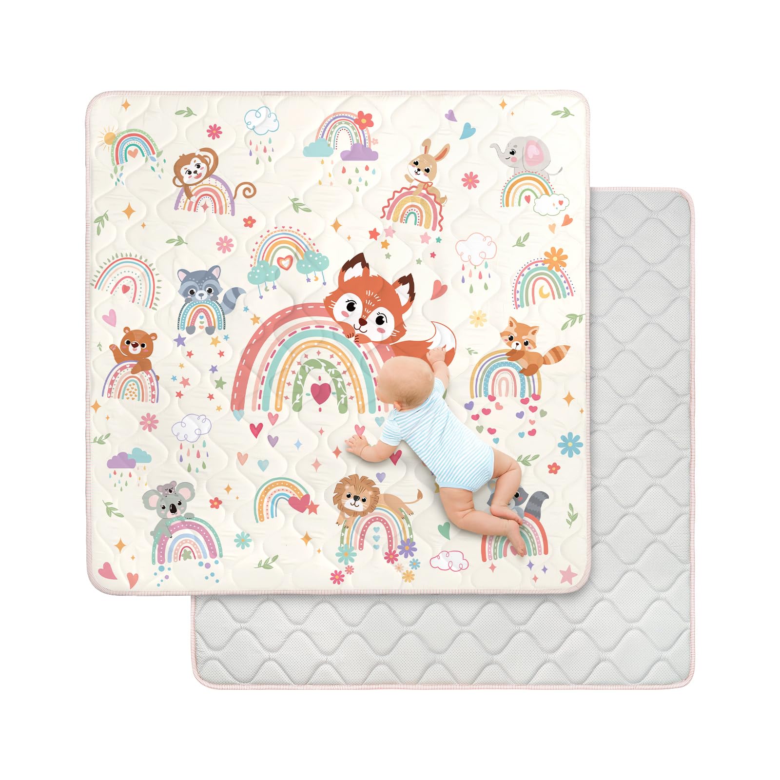 decalsweet Tappeto Gioco Bambini 127×127cm, Addensato 2cm Gioco Neonato, Antiscivolo Cameretta Bambina & Bambino, Pieghevole Tappeto Tummy Time Neonati (Animali Arcobaleno)