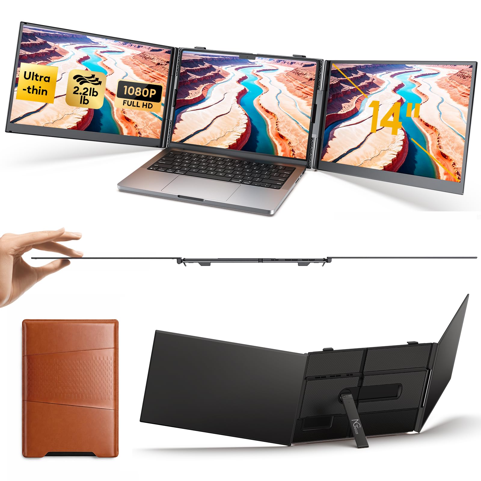 14-inch triple screen extender for laptops, fhd 1080p portable monitor