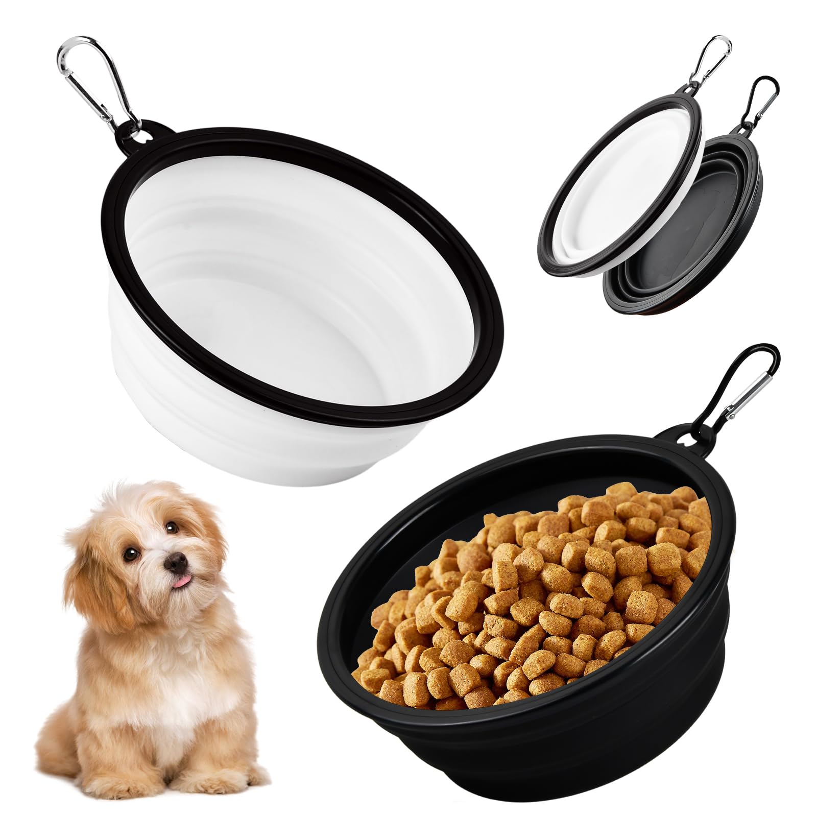 2 Piezas Cuencos Plegables para Perros Portatil Cuencos para Mascotas Silicona Bebedero Perro con Mosquetón para Gatos Perros y Mascotas para Excursiones o Viajes (650ml Blanco y Negro)