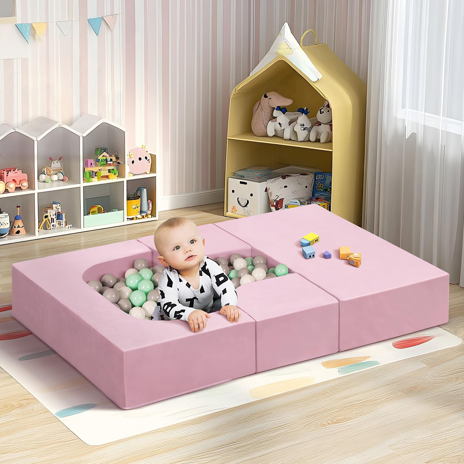 Skypatio Kids Play Couch, Modular Kid Toddler Play Couchs for Playroom Bedroom, Kids Foam Sofa Nugget Couch Play Set for Boys and Girls, Pink