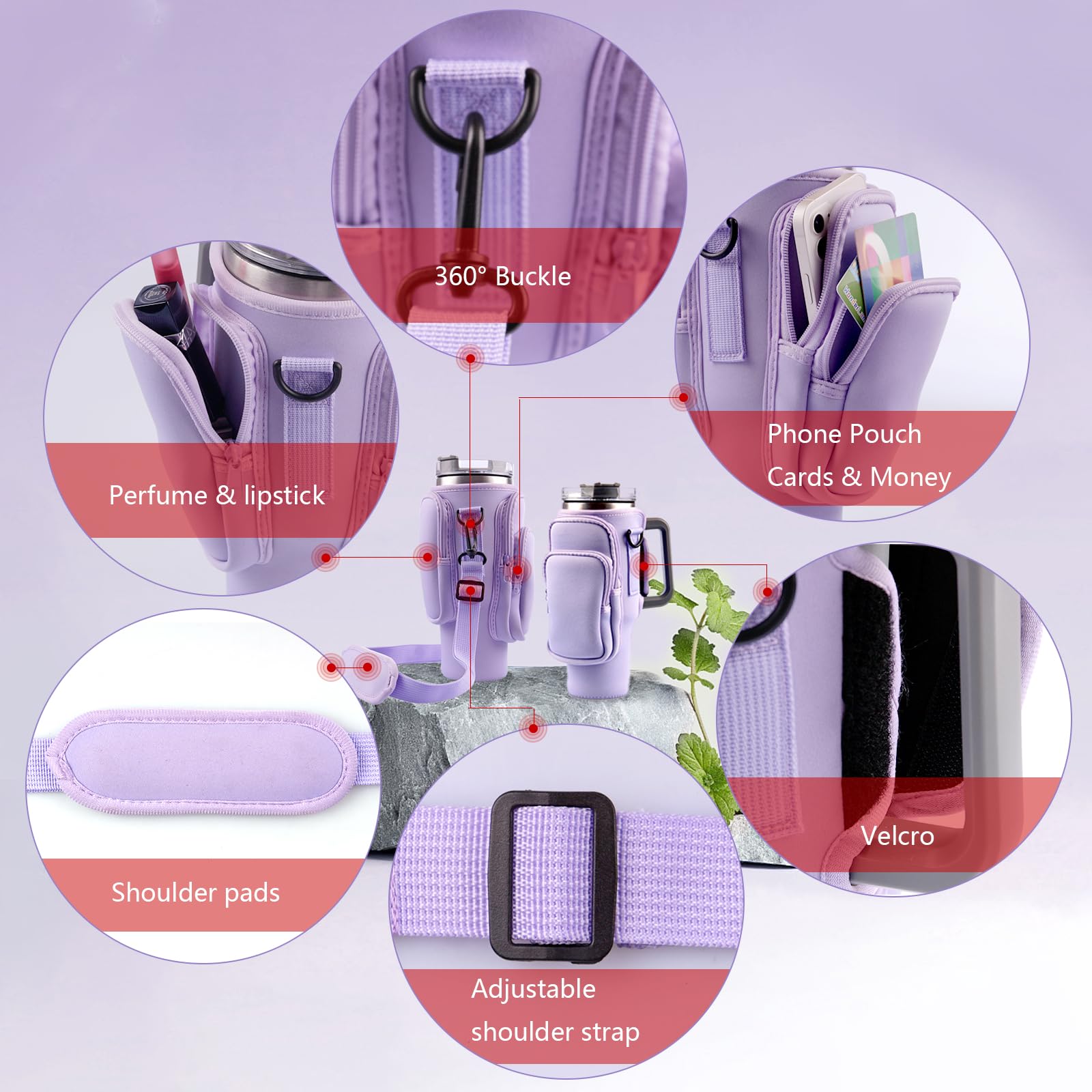 Water Bottle Carrier Bag For Stanley Cups - With Phone Pocket & Adjustable Strap, Fits 30oz, Purple - View #7