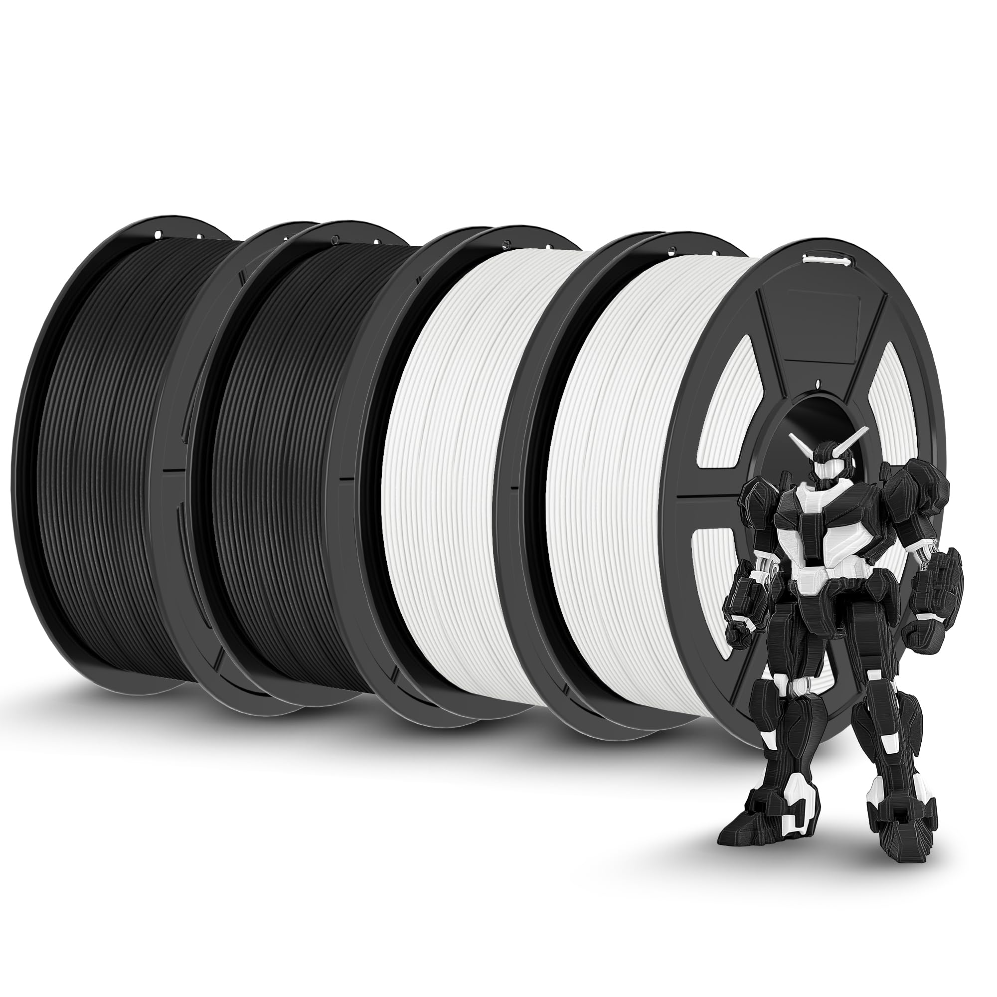 TECBEARS Matte PLA Filament Bundle Schwarz Weiß 4KG, High Speed PLA 3D Drucker Filament mit Matter Oberfläche für 0-600 mm/s, 4 Stück 1kg Spule (2.2lbs)