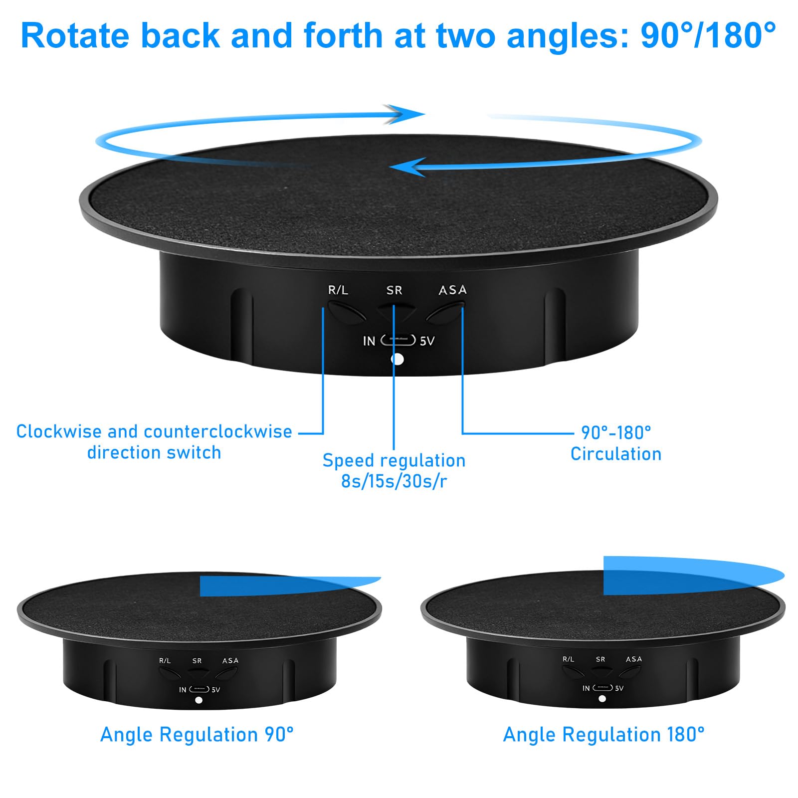 Piatto girevole elettrico per fotografia, 90/180 gradi, supporto girevole motorizzato con 5 sfondi, piatto girevole da 20 cm, supporto da tavolo 8 kg per video dal vivo, digitale, orologi (nero)