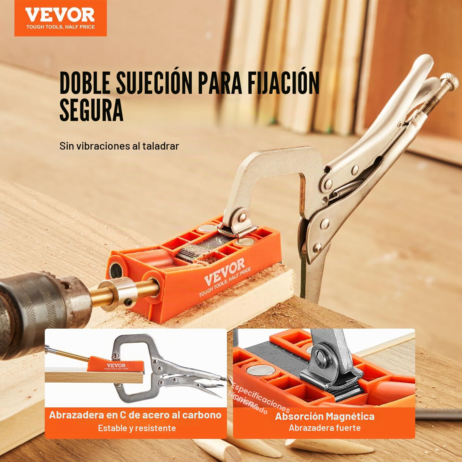 VEVOR Kit de 50 piezas para Taladrar Agujeros Dobles con Broca Cuadrada y Abrazaderas en C para Clavijas Plantilla para Taladrar Agujeros y Agujeros en Ángulo, para Taladrar para Trabajar Madera