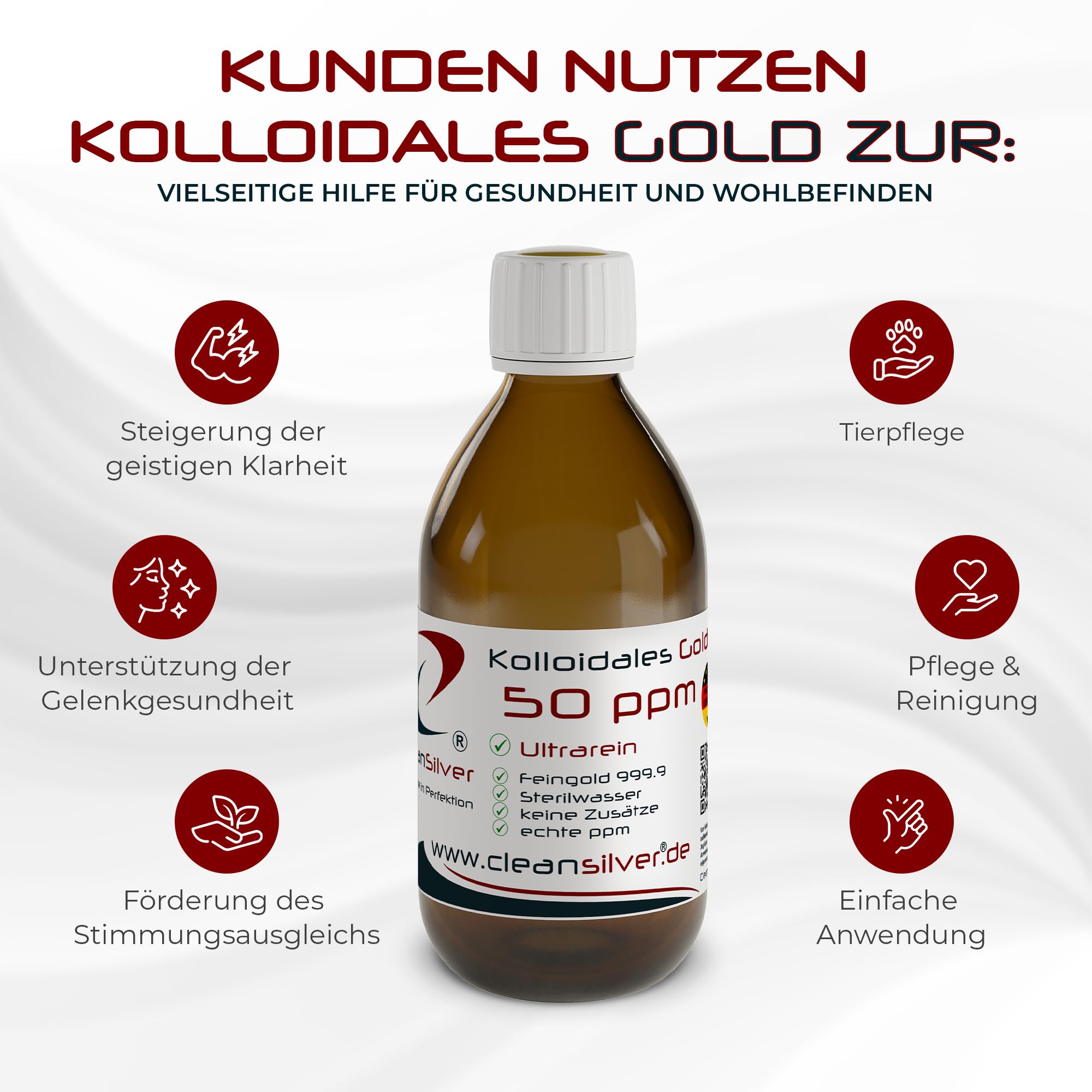 CleanSilver Kolloidales Gold 50 ppm 250ml, Ultrarein: Sterilwasser und Feingold 99,99% - Made in Germany- Stets frische Herstellung - keine Lagerware!