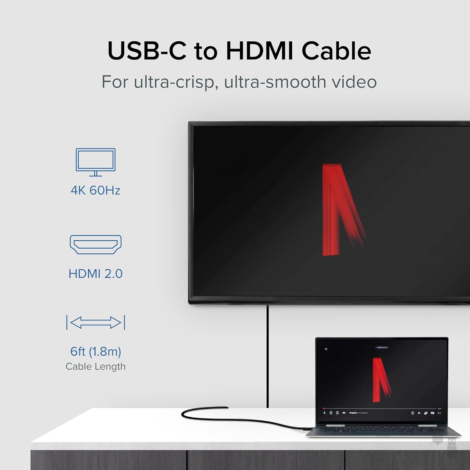 Plugable USB C to HDMI Cable 6ft / 1.8m, HDMI 2.0, USB4 / Thunderbolt Adapter for 4K Monitor, 4K 60Hz (USBC-HDMI-Cable) for iPhone 15, iPad Pro, MacBook Pro, Dell XPS, Surface Laptop - Driverless