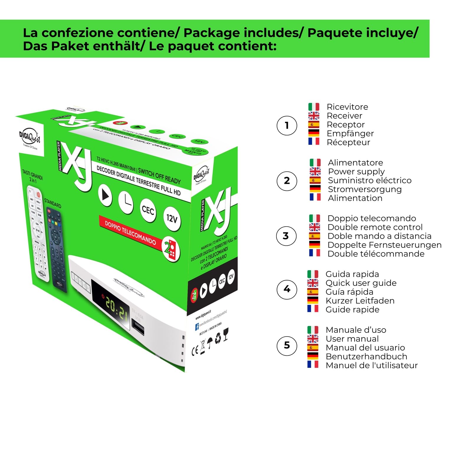 Digiquest Terrestrische Digital XJ, DVB-T2 mit Dual-Fernbedienung, Weiß