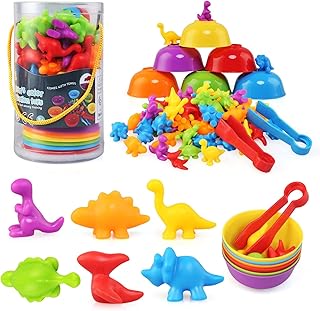 LEADSTAR 58Pcs Counting Dinosaurs Toys Set,Rainbow Counting Dinosaurs with Matching Sorting Bowls, Number Color Recognition Educational Toys Dinosaurs Counters for Toddlers and Kids Baby Girls Boys