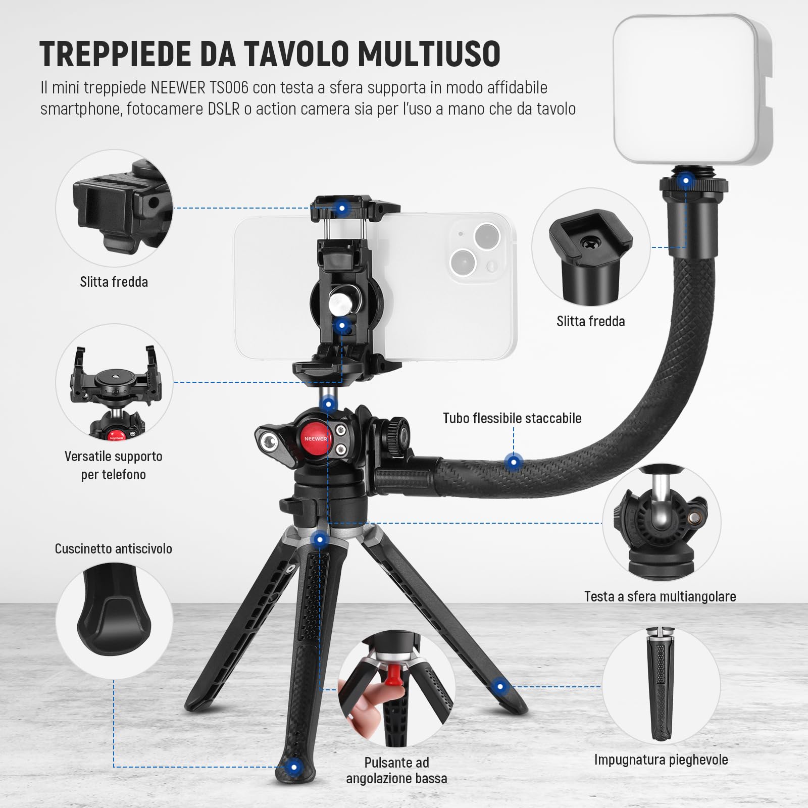 Treppiedino Mini Per Fotocamera E Smartphone - Testa A Sfera 360° E Supporto Per Accessori | Portata 3 Kg, Pieghevole - Foto 8