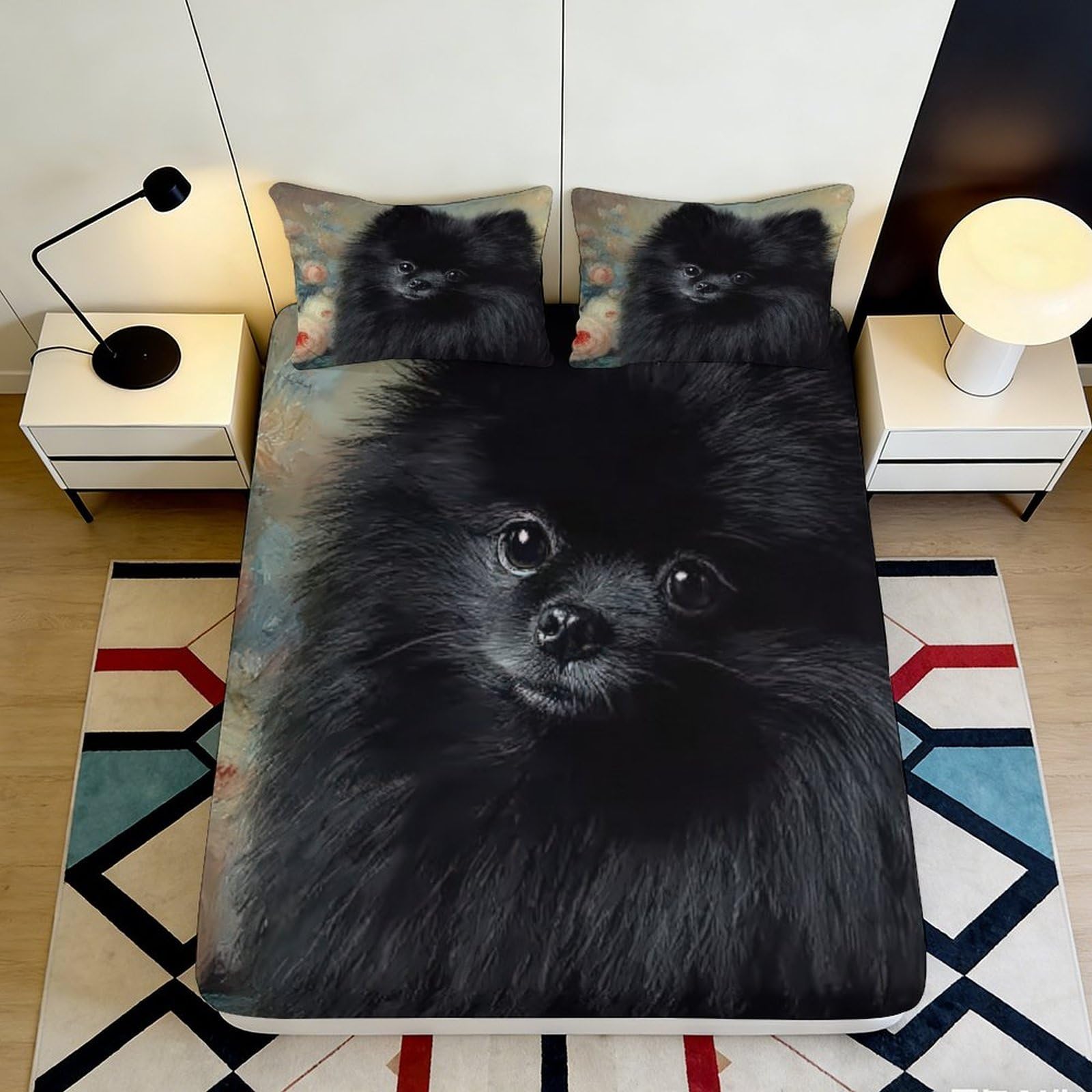 3D Printed Black Pomeranian Dog Fitted Sheet Microfiber Soft Bed Cover for Bedroom Guest Room Mattress Decor 90x200x25cm