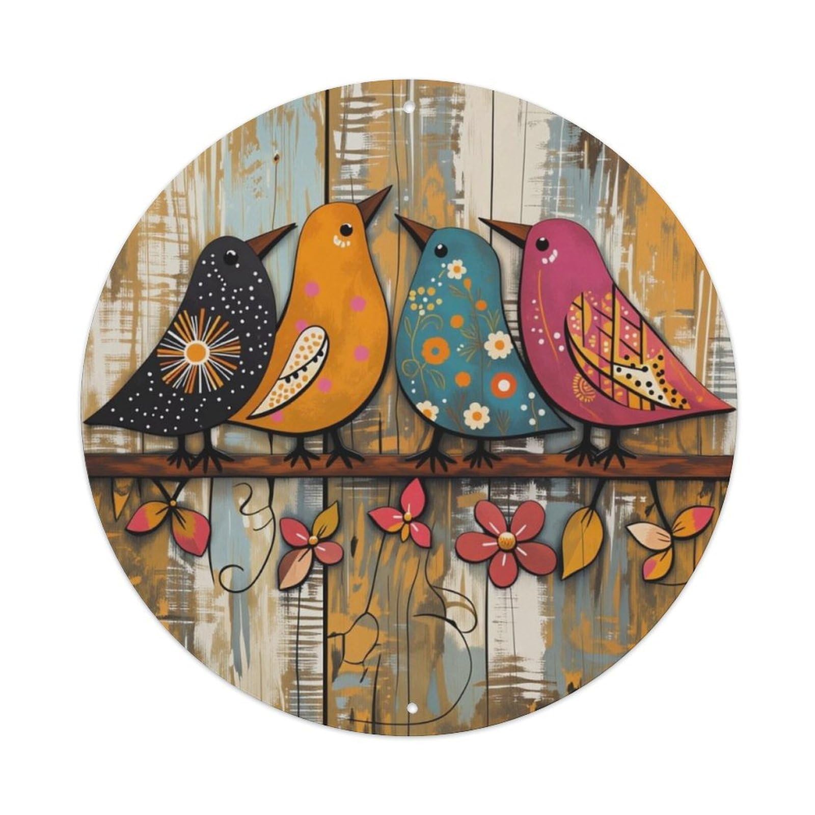 Ldfuieksufg Style Vintage Wood Plank Colorful Birds Round Decor Sign Vintage Aluminium Metal Sign, Retro Wall Decor For Home, Bar, Garage & Farmhouse 20X20cm