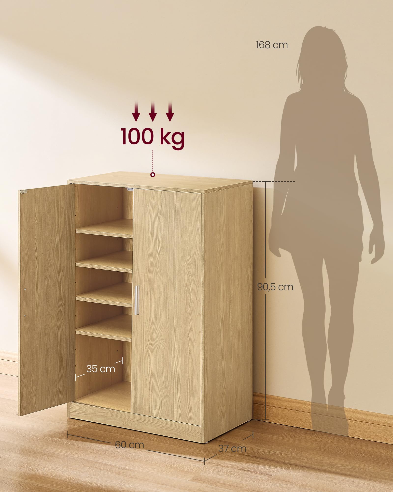 VASAGLE Scarpiera Armadio con Ante, Scarpiera da Ingresso Moderna con Ripiani Regolabili, Mobile Portascarpe Slim, 5 Ripiani, per 12 a 15 Paia di Scarpe, 2 Ante, Beige Rovere HSC501YJ01