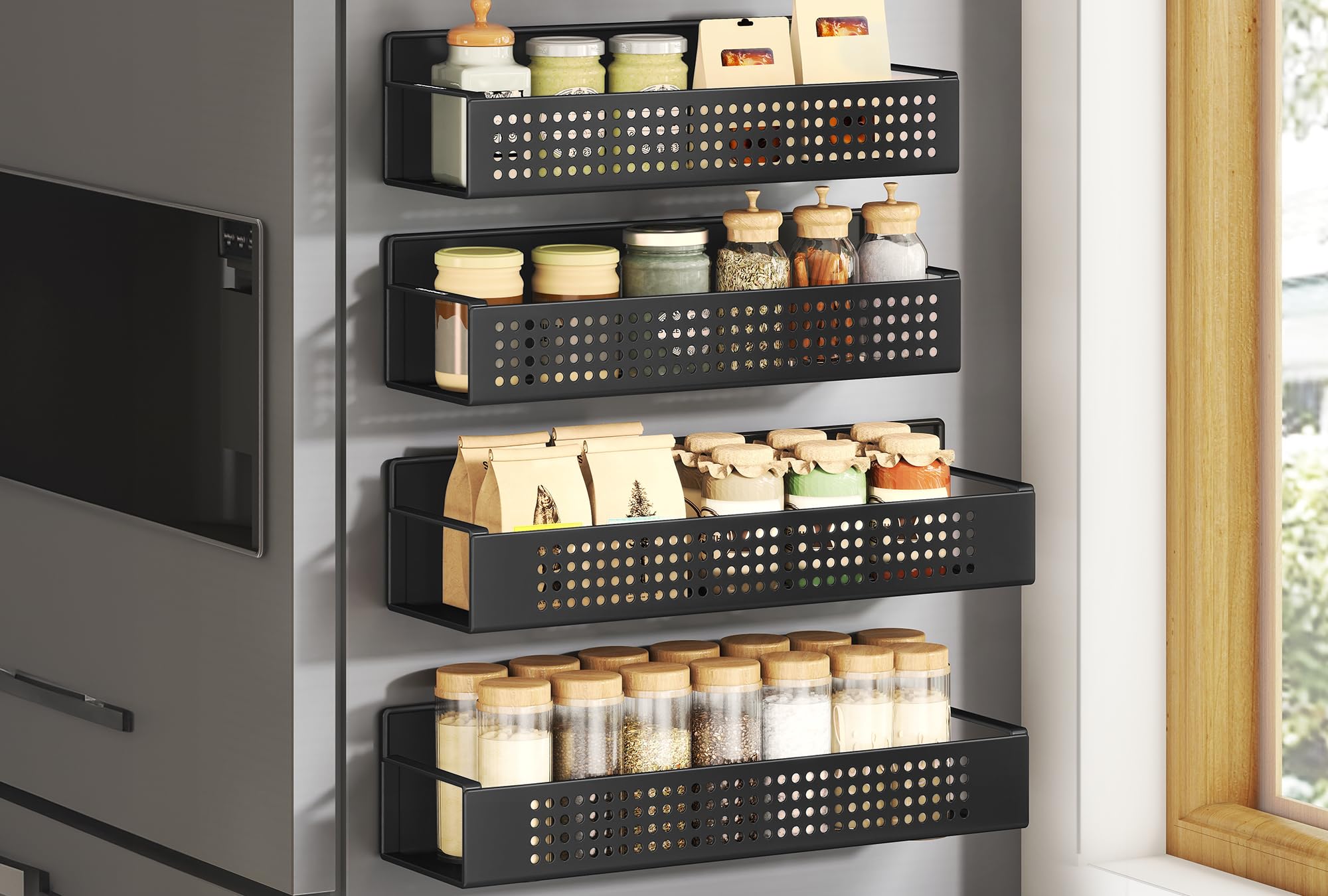 SONGMICS Gewürzregal magnetisch, 4er Set, 2 große und 2 kleine Regale, Gewürz-Organizer ohne Bohren, Magnetregal, für Küche, Kühlschrank, Mikrowelle, Waschmaschine, tintenschwarz KCS061B01