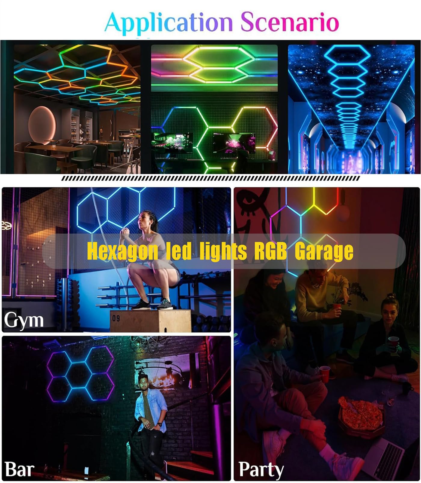 RGB Hexagonales Luces Garaje Luz De Garaje Hexagonal Rgb,Luz Hexagonal Led Techo Garaje 358 +Modelo Música Mando a Distancia cochera Belleza del coche,luz Nido De Abeja Neon Led Garage,RGB,6 HEX