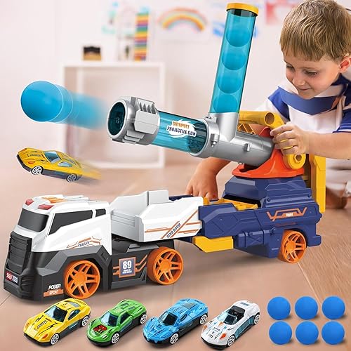 Miniatura 2 de Dwi Dowellin Juguetes de camión para niños, juguetes de coche grande de 28 pulgadas incluyen 4 autos de carreras+6 pelotas, con luz y sonidos,